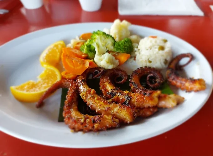 Grilled octopus dinner at Restaurant Villa Ortegas, served with rice and mixed vegetables.